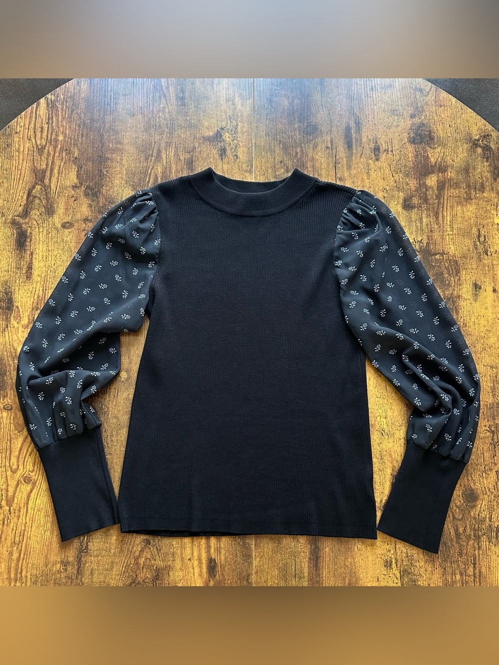 Design History Black Ribbed Crewneck Top with Sheer Sleeves